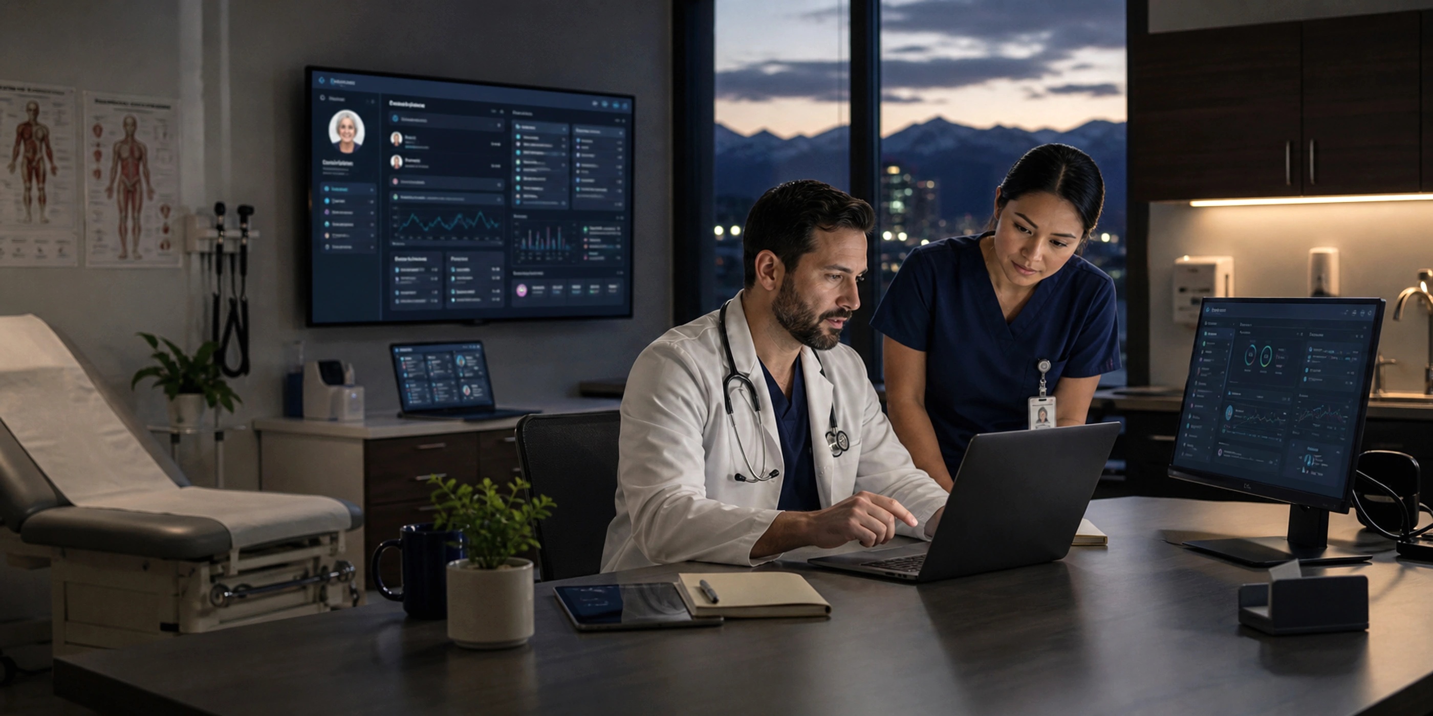 A physician and healthcare professional reviewing patient workflow data in a modern Alberta primary care clinic